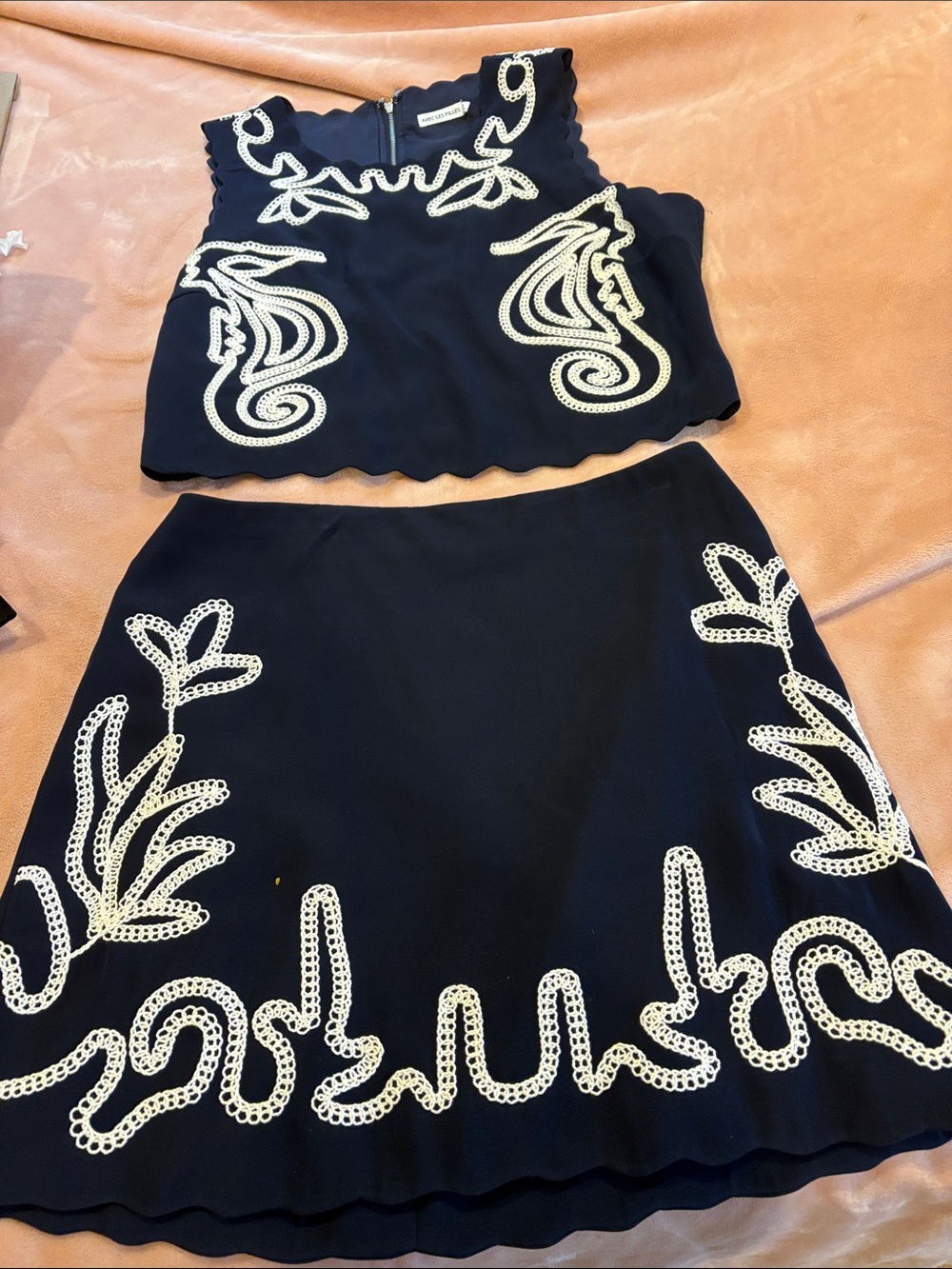 Avec Les Filles Navy Mini Skirt with White Embroidered Trim